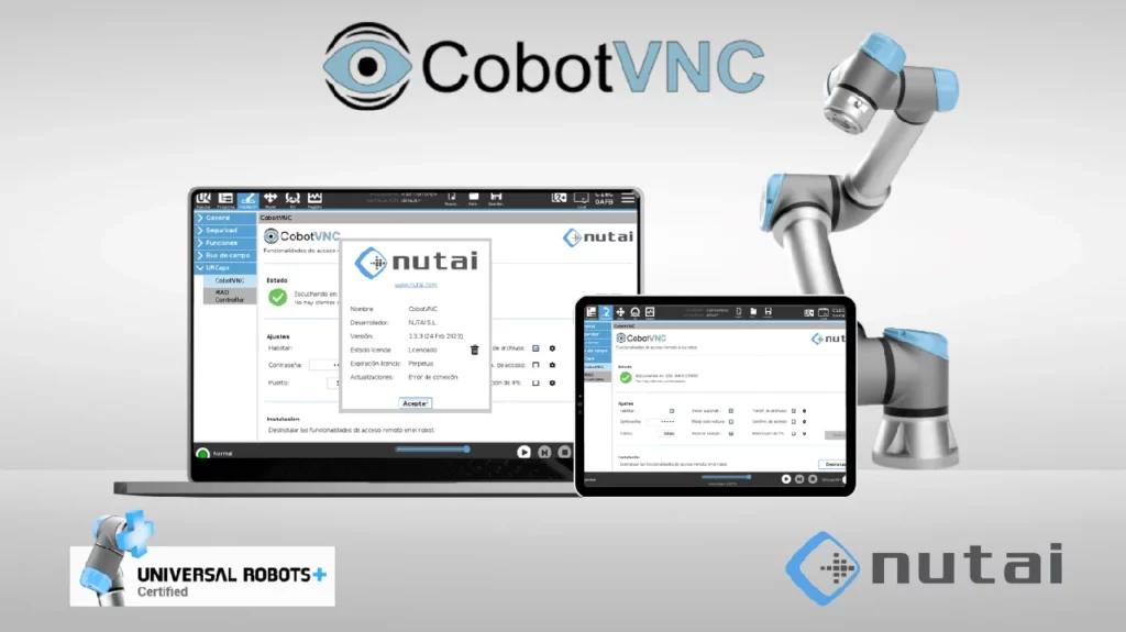 5 Razones por las que deberías usar cobotVNC para controlar tu robot de Universal Robots 1 Bloque de texto con mockup de ordenador portatil alineado a la derecha