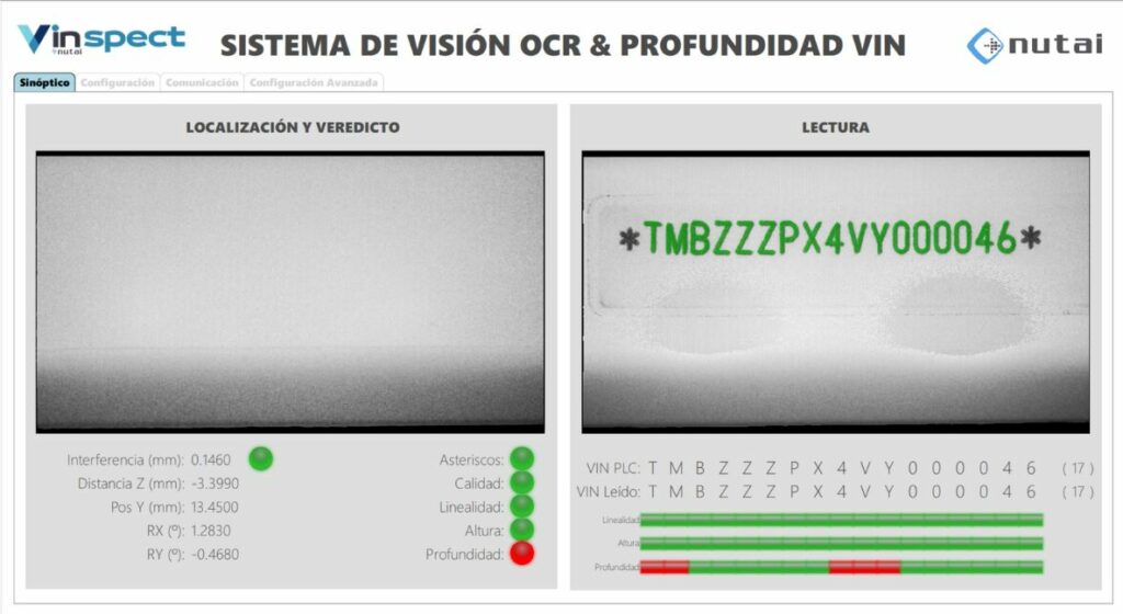 VINspect 2 Interfaz de análisis de marcaje VIN con OCV y mediciones de profundidad