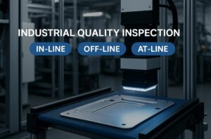 Sistema de visión artificial inspeccionando pieza metálica con métodos de control de calidad industrial: en línea, off-line y at-line.